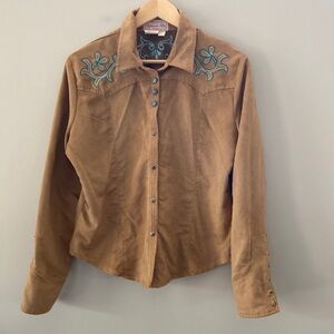 Panhandle Slim Faux Suede Turquoise Embroidered Button Down